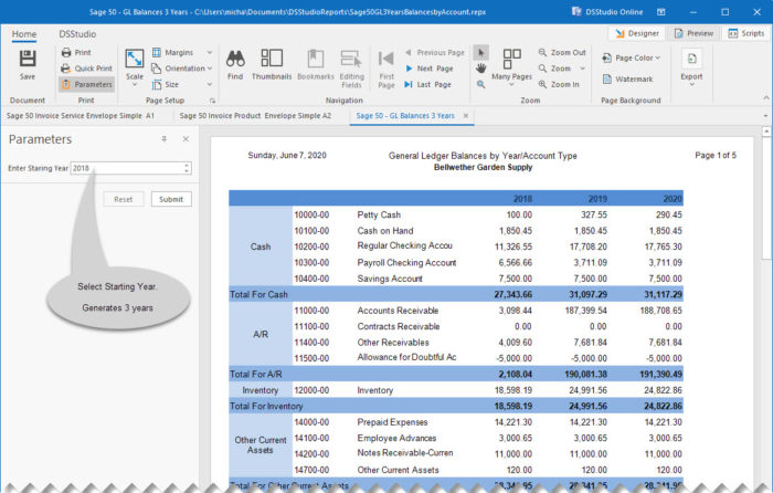 Sage 50 G/L 3 Years Account Totals