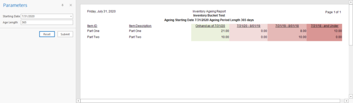 Sage 50 Inventory Ageing Report with Time Frame