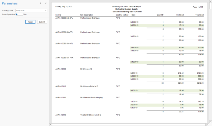 Sage 50 LIFO FIFO Inventory Bucket Report