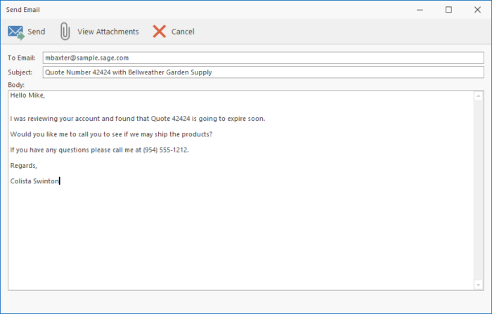 Expiring Quotes by Salesperson Email Customer Quote Email Screen