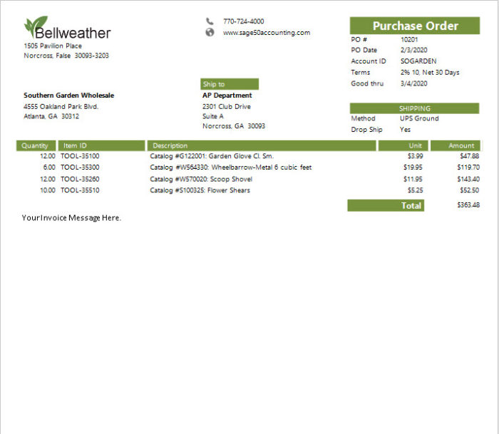 Sage 50 Simple Purchase Order Sample